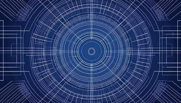 abstract digital blueprint design with a circular pattern on a dark blue background
