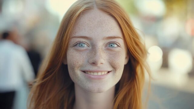 The shows a young woman smiling directly at the camera. She has long red hair, blue eyes, and freckles on her cheeks and nose. The background is blurred but appears to be an outdoor setting.