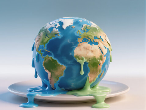 Colorful Melting Globe: Creative Earth Art Representing Environment, Climate, and Global Responsibility. A ceramic globe on a plate, with melting paint flowing around it. Vibrant blues, greens.