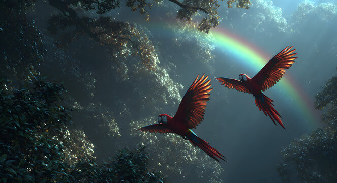Scarlet macaws flying over rainforest with rainbow in background