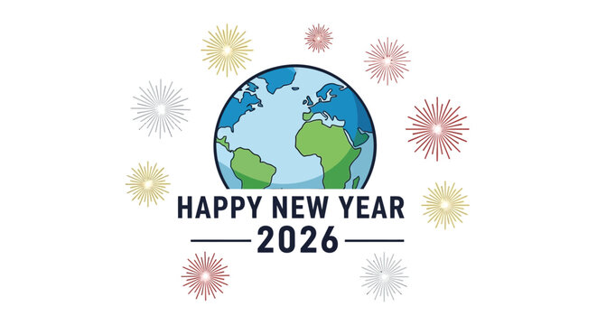 Happy new year 2026 with earth and colorful fireworks celebrating global celebration and new beginnings