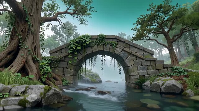 Ancient Stone Bridge Over a Serene River in a Lush Green Forest.