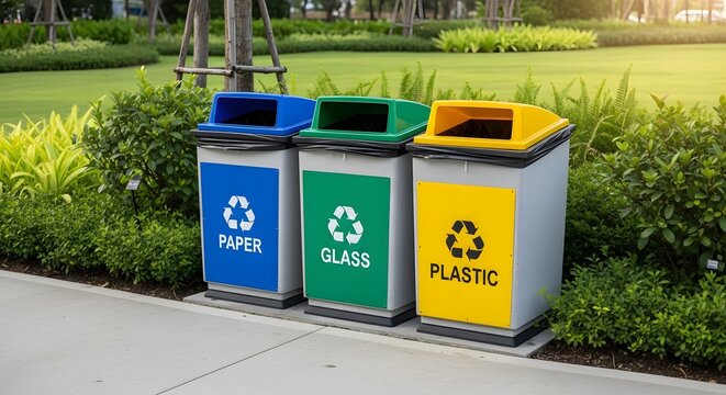 Recycling bins for paper, glass, and plastic are placed outdoors in a green park setting, promoting environmental awareness and waste segregation