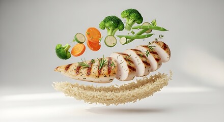 Balanced Meal Grilled Chicken, Rice, and Vegetables in Mid-Air