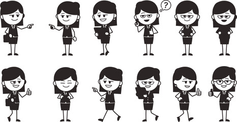 Minimalist 2D stickwomen icon set with ten confident futuristic business poses in clean vector style