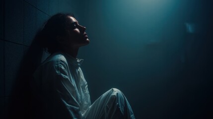 Woman Sitting in Dimly Lit Room with Soft Blue Lighting in Contemplative Mood
