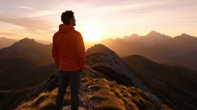 Man in orange hoodie enjoys sunrise view over mountain peaks. Scenic nature moment captures tranquility and adventure spirit. Perfect for travel and outdoor themes.