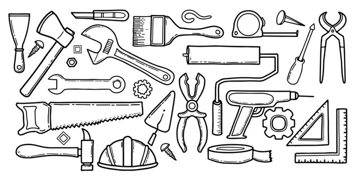 Set of hand drawn doodle construction tools. Home building and repair tool sketch style. Workshop equipment vector illustration