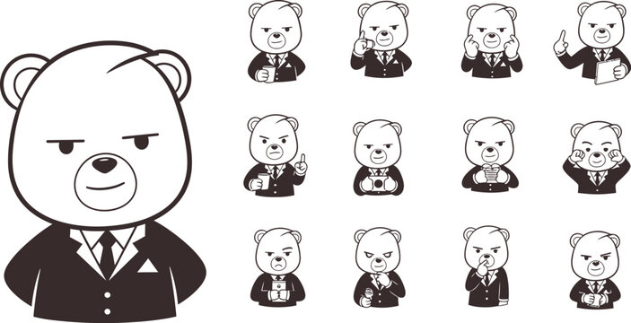 Ten minimalist stickman-style bear icons in black suit with confident playful expressions, clean vector design