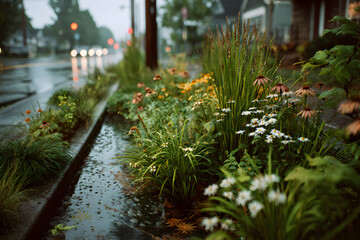 Street rain garden with plants and stormwater drainage, showcasing green infrastructure solutions for urban environments