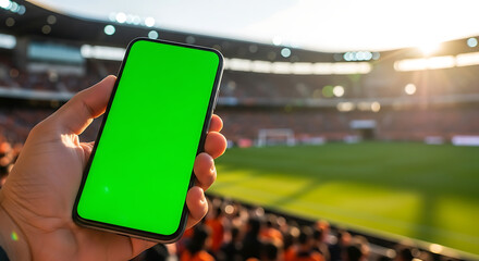 Hand holding smartphone with green screen at sports stadium, showcasing mobile app, live streaming, and digital content for event engagement