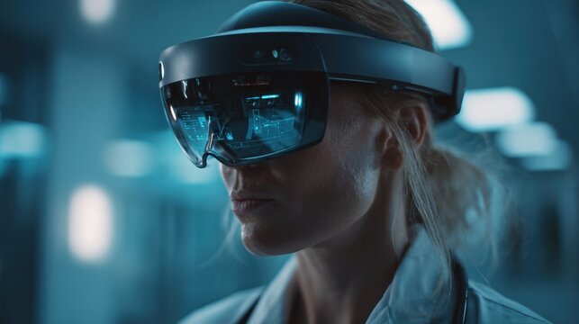 Female Scientist Wearing Virtual Reality Headset in Modern Laboratory