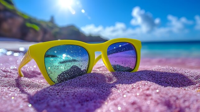 Colorful sunglasses resting on pink sand with clear blue ocean and clouds in the background during a sunny day