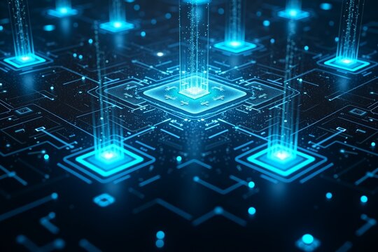 Futuristic circuit board glowing blue, interconnected nodes and data streams symbolizing advanced technology and digital connectivity.