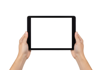 Hands holding a tablet with a blank screen isolated on transparent background