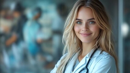 Smiling Healthcare Professional: A close-up shot of a serene female doctor, radiating confidence, poised in a brightly-lit hospital environment, showcasing compassion.