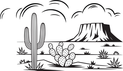 Desert Landscape Silhouette &mdash; Black and White Illustration with Cacti and Mesa Background