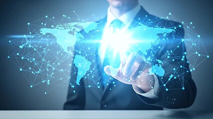 Professional Man in Suit Interacting with Digital World Map Network on Gray Background Representing Global Connectivity and Modern Technology - Powered by Adobe