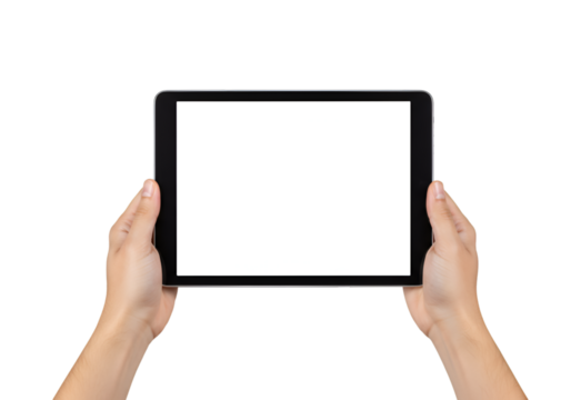 Hands holding a tablet with a blank screen isolated on transparent background
