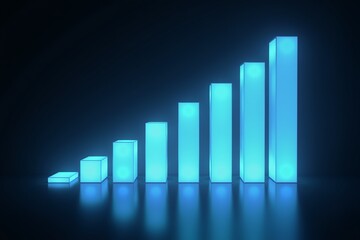 Glowing blue bars rise in ascending order, radiating light against a dark background. Futuristic data visualization concept.