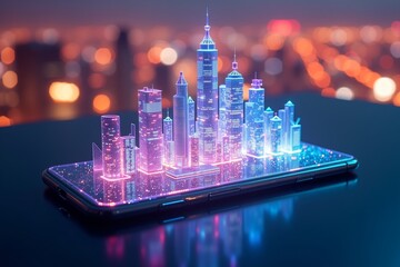 Neon cityscape floats above smartphone, glowing holograms against blurred bokeh lights. Futuristic tech meets urban dreamscape in vibrant digital display.