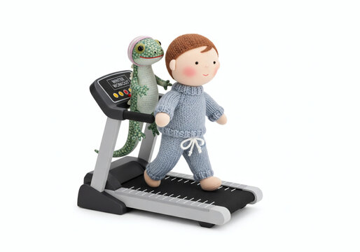 A felt doll of a boy in a sweatsuit walking on a miniature treadmill, accompanied by a gecko toy wearing a pink headband.