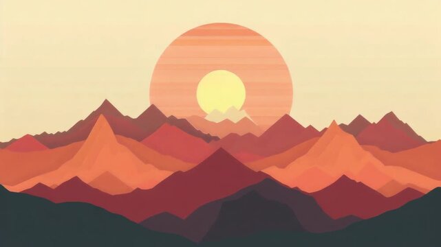 Artistic sunrise landscape with orange mountains and calm sky in vector illustration