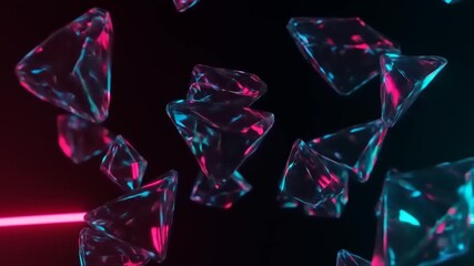 Abstract crystal shapes floating with vibrant neon lights on a dark background video - Powered by Adobe