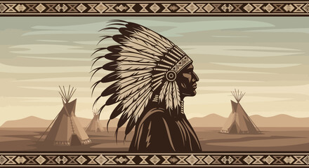 Native American Chief Silhouette Vintage Illustration on Desert Landscape Background