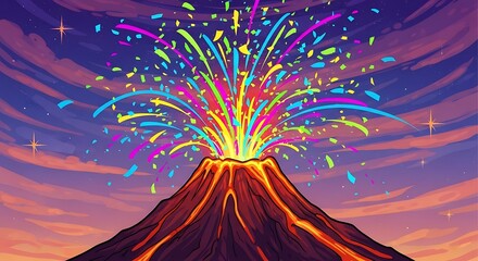 Vibrant volcano illustration ejecting bursts of celebratory confetti