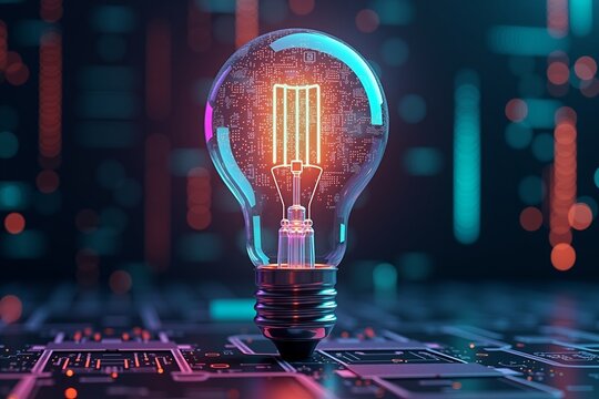 Neon-lit light bulb glowing with circuit patterns, futuristic tech background. Cyberpunk innovation concept in vivid colors and digital glow.