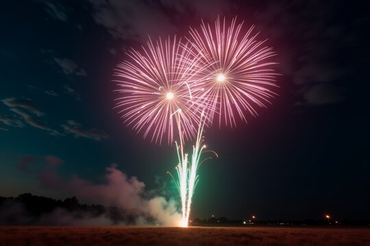Night sky bursts with vibrant pink fireworks, green trails below. Dark clouds frame dazzling display over open field and trees.