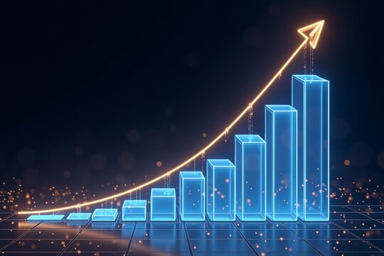 Glowing blue bars rise upward, illuminated by a golden arrow trajectory against dark digital grid background.