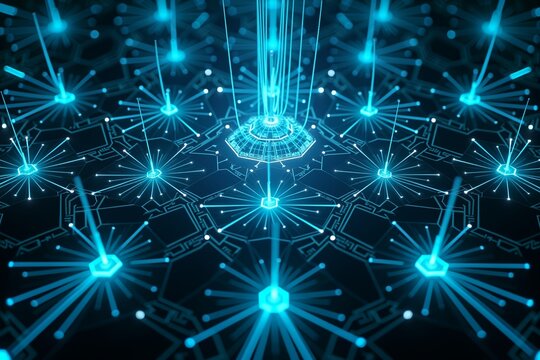 Futuristic circuit board glowing blue, interconnected nodes and data streams symbolizing advanced technology and digital connectivity. - Powered by Adobe