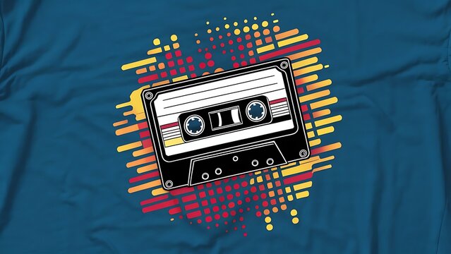 Retro Cassette Tape Design on Blue Fabric Background.