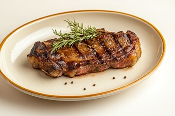A perfectly seared steak, seasoned with salt and pepper, rests on a light beige plate, garnished with fresh rosemary sprigs.