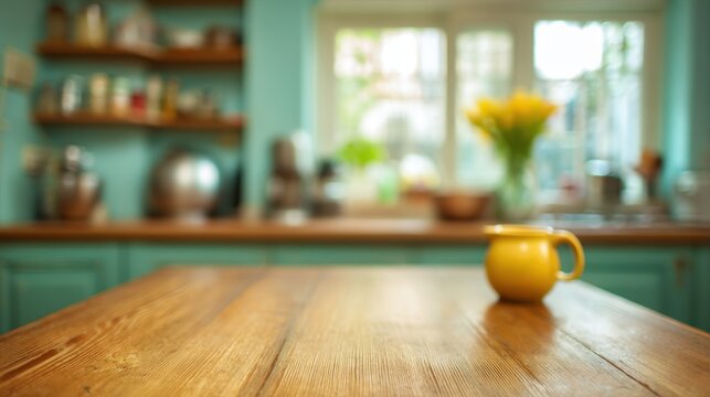 Vibrant Kitchen Scene with Yellow Mug on Wooden Table, Fresh Flowers in Background, Calm and Cozy Atmosphere for Cooking Inspiration or Culinary Uses