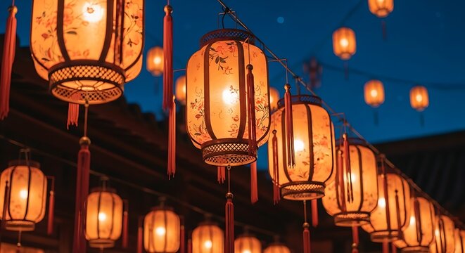 Illuminated Chinese Lanterns Against a Twilight Sky - A Cultural Celebration.