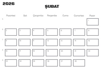 February calendar of 2026 in Turkish 