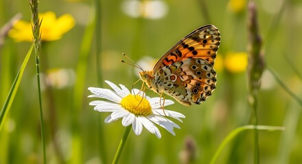 Obraz premium Painted Lady Butterfly Sipping Nectar from a Daisy in a Meadow.