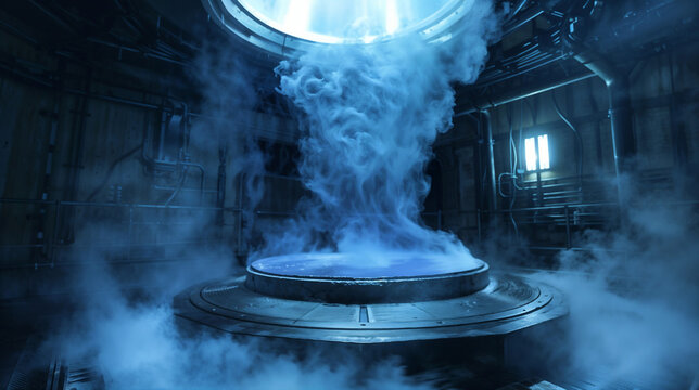 Mystical frozen portal chamber with magical energy beam and ancient architecture creating interdimensional gateway teleportation fantasy sci-fi atmospheric environment