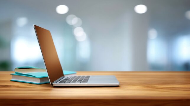 Modern Laptop on Wooden Desk with Books in Out of Focus Bright Office Background Providing a Productive Workspace Atmosphere for Creative Minds