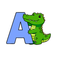 Letter A with Cute Alligator Cartoon Vector