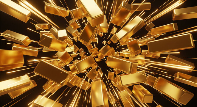 Shimmering gold bars explode in dazzling light, symbolizing wealth and success