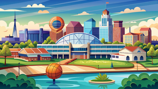 Very beautiful view of Springfield, Massachusetts, USA, featuring the iconic Basketball Hall of Fame, modern riverfront buildings, clear sky, and a realistic vibrant urban landscape.