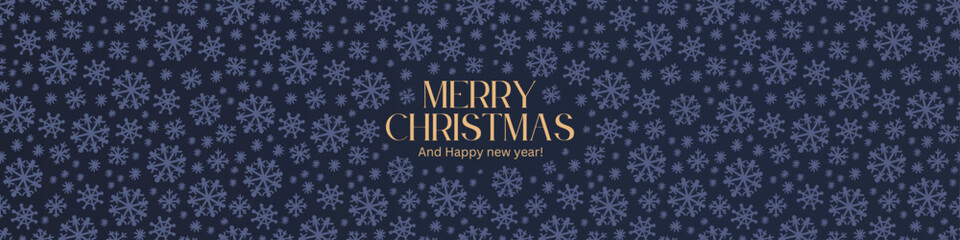Merry Christmas Gold Vector Banner with Snowflakes and Text for Website Header or Ready for Print Greeting Card Gifts, Modern Minimal Background Winter Holiday Illustration