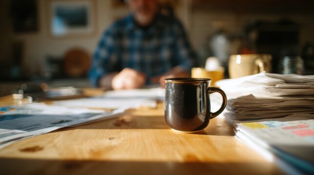 Man Wearing Plaid Shirt Sitting at Desk with Coffee Mug and Papers in Cozy Home Office