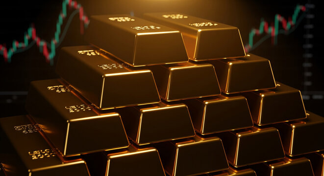 Shiny gold bars stacked with stock market chart background - Powered by Adobe