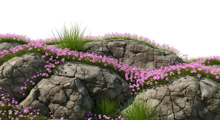 A rocky mound covered in bright pink/magenta small flowers and tufts of green grass, with a rugged, textured stone surface, isolated on transparent background.