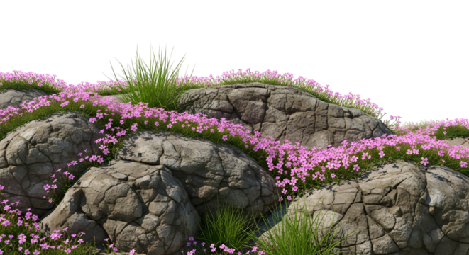 A rocky mound covered in bright pink/magenta small flowers and tufts of green grass, with a rugged, textured stone surface, isolated on transparent background. - Powered by Adobe